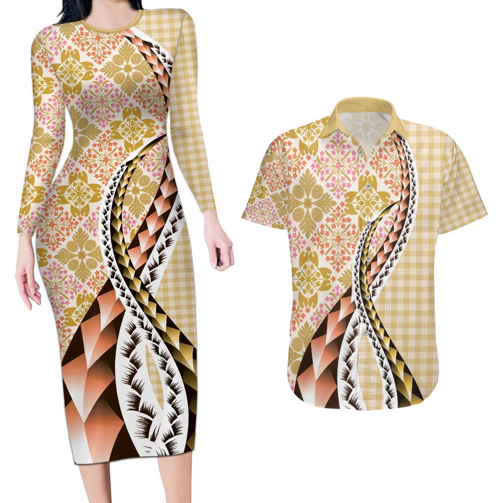 Aloha Vintage Palaka Floral Hawaiian Quilt Couples Matching Long Sleeve Bodycon Dress and Hawaiian Shirt Melemele Motif LT9 Yellow - Polynesian Pride