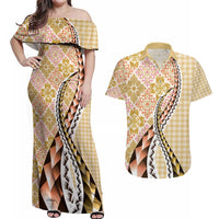 Aloha Vintage Palaka Floral Hawaiian Quilt Couples Matching Off Shoulder Maxi Dress and Hawaiian Shirt Melemele Motif LT9 Yellow - Polynesian Pride