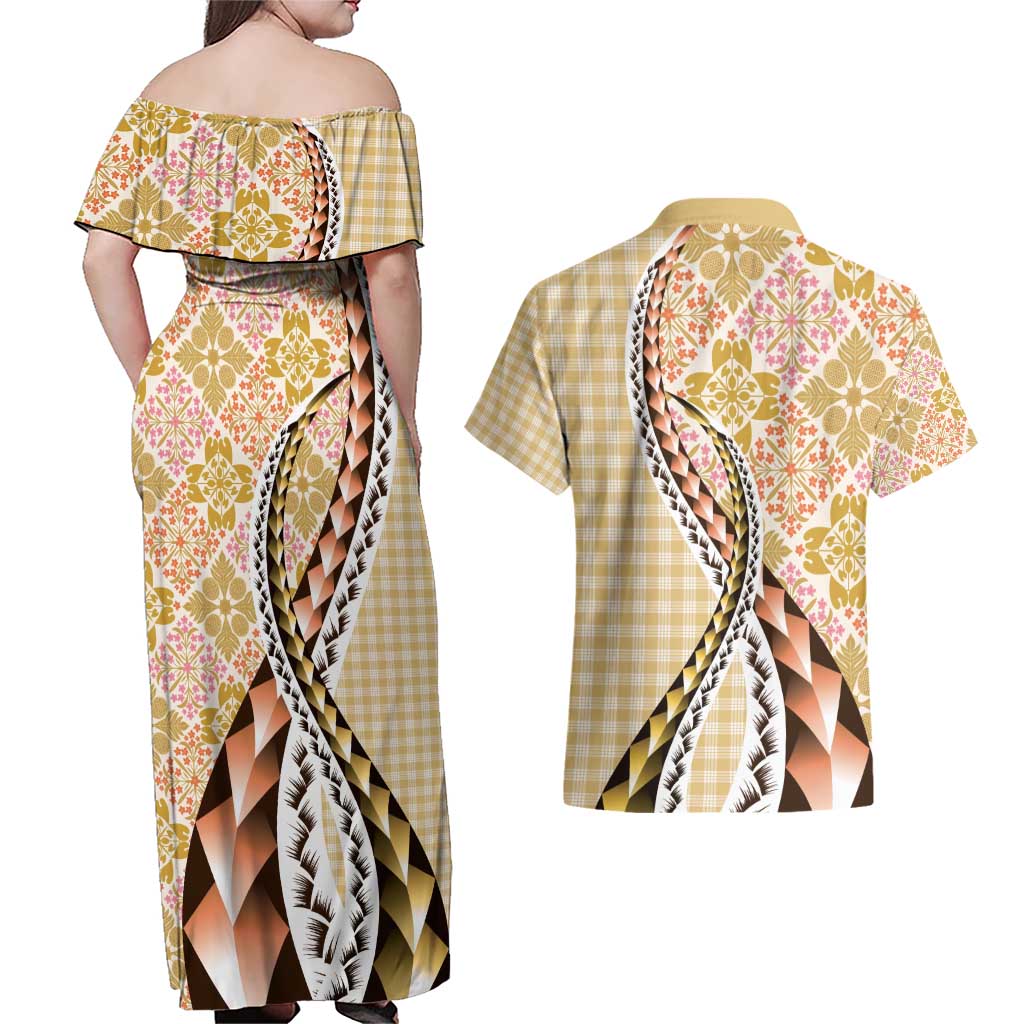 Aloha Vintage Palaka Floral Hawaiian Quilt Couples Matching Off Shoulder Maxi Dress and Hawaiian Shirt Melemele Motif LT9 - Polynesian Pride