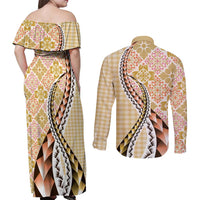 Aloha Vintage Palaka Floral Hawaiian Quilt Couples Matching Off Shoulder Maxi Dress and Long Sleeve Button Shirt Melemele Motif - Polynesian Pride
