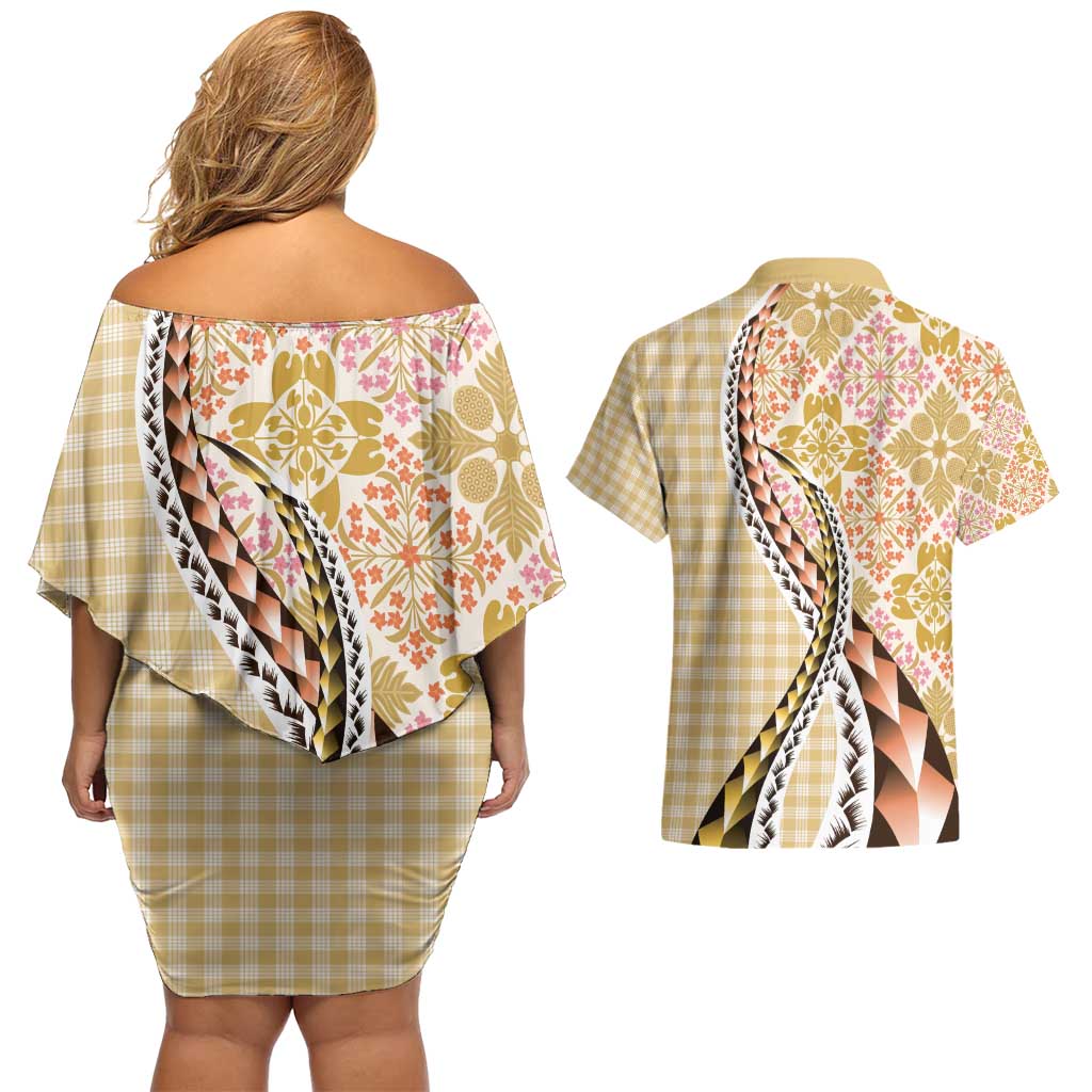 Aloha Vintage Palaka Floral Hawaiian Quilt Couples Matching Off Shoulder Short Dress and Hawaiian Shirt Melemele Motif LT9 - Polynesian Pride