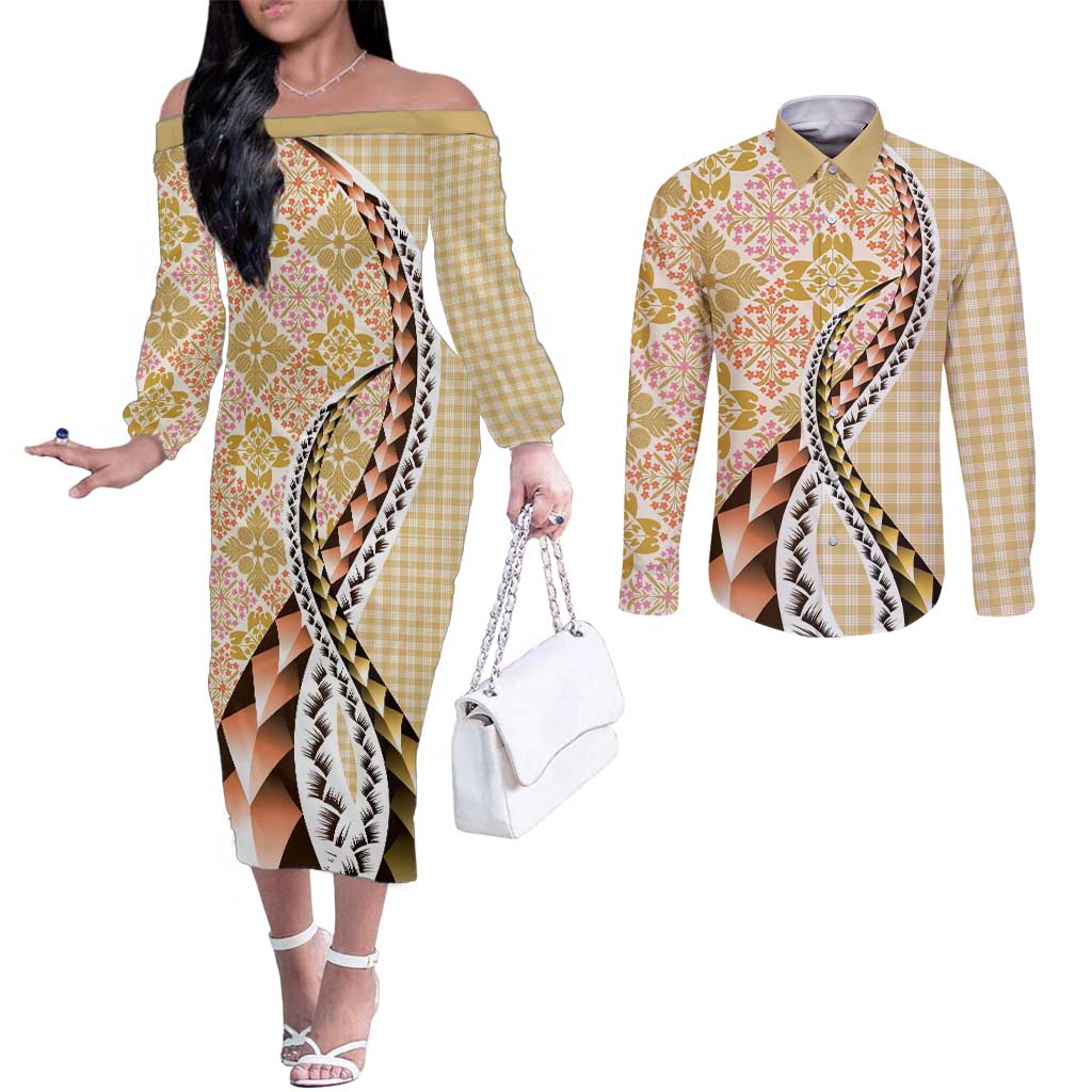 Aloha Vintage Palaka Floral Hawaiian Quilt Couples Matching Off The Shoulder Long Sleeve Dress and Long Sleeve Button Shirt Melemele Motif - Polynesian Pride