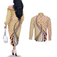 Aloha Vintage Palaka Floral Hawaiian Quilt Couples Matching Off The Shoulder Long Sleeve Dress and Long Sleeve Button Shirt Melemele Motif - Polynesian Pride