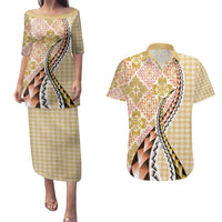 Aloha Vintage Palaka Floral Hawaiian Quilt Couples Matching Puletasi and Hawaiian Shirt Melemele Motif LT9 Yellow - Polynesian Pride