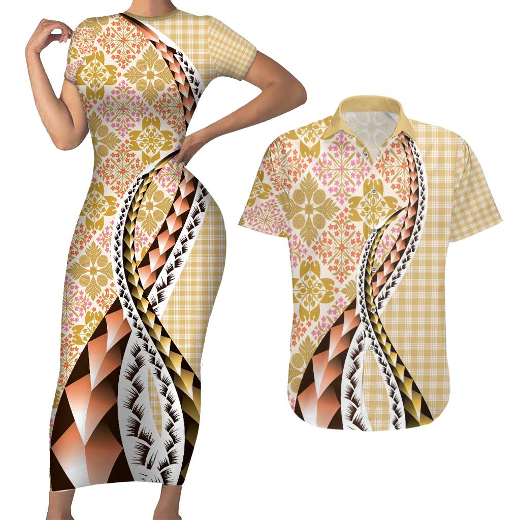 Aloha Vintage Palaka Floral Hawaiian Quilt Couples Matching Short Sleeve Bodycon Dress and Hawaiian Shirt Melemele Motif LT9 Yellow - Polynesian Pride