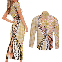 Aloha Vintage Palaka Floral Hawaiian Quilt Couples Matching Short Sleeve Bodycon Dress and Long Sleeve Button Shirt Melemele Motif - Polynesian Pride