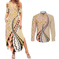 Aloha Vintage Palaka Floral Hawaiian Quilt Couples Matching Summer Maxi Dress and Long Sleeve Button Shirt Melemele Motif - Polynesian Pride