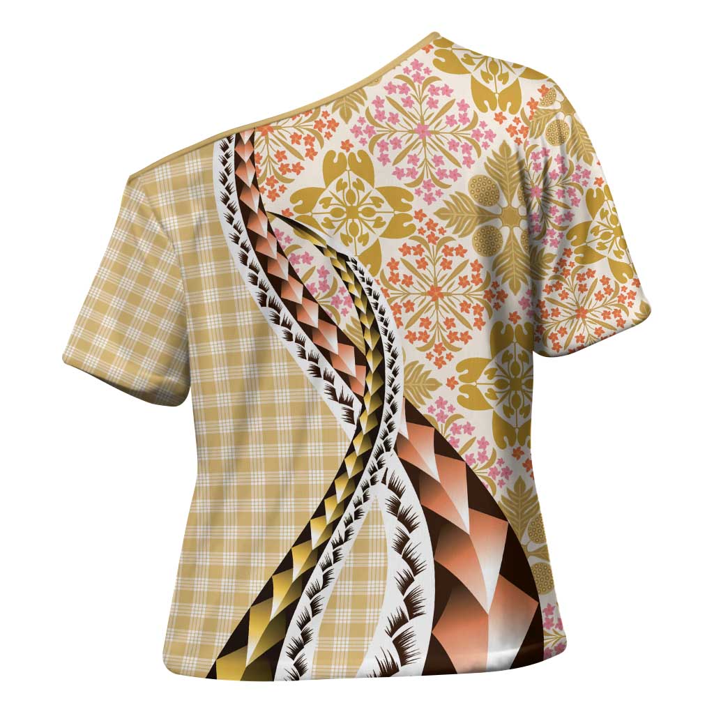 Aloha Vintage Palaka Floral Hawaiian Quilt Cross Shoulder Shirt Melemele Motif - Polynesian Pride