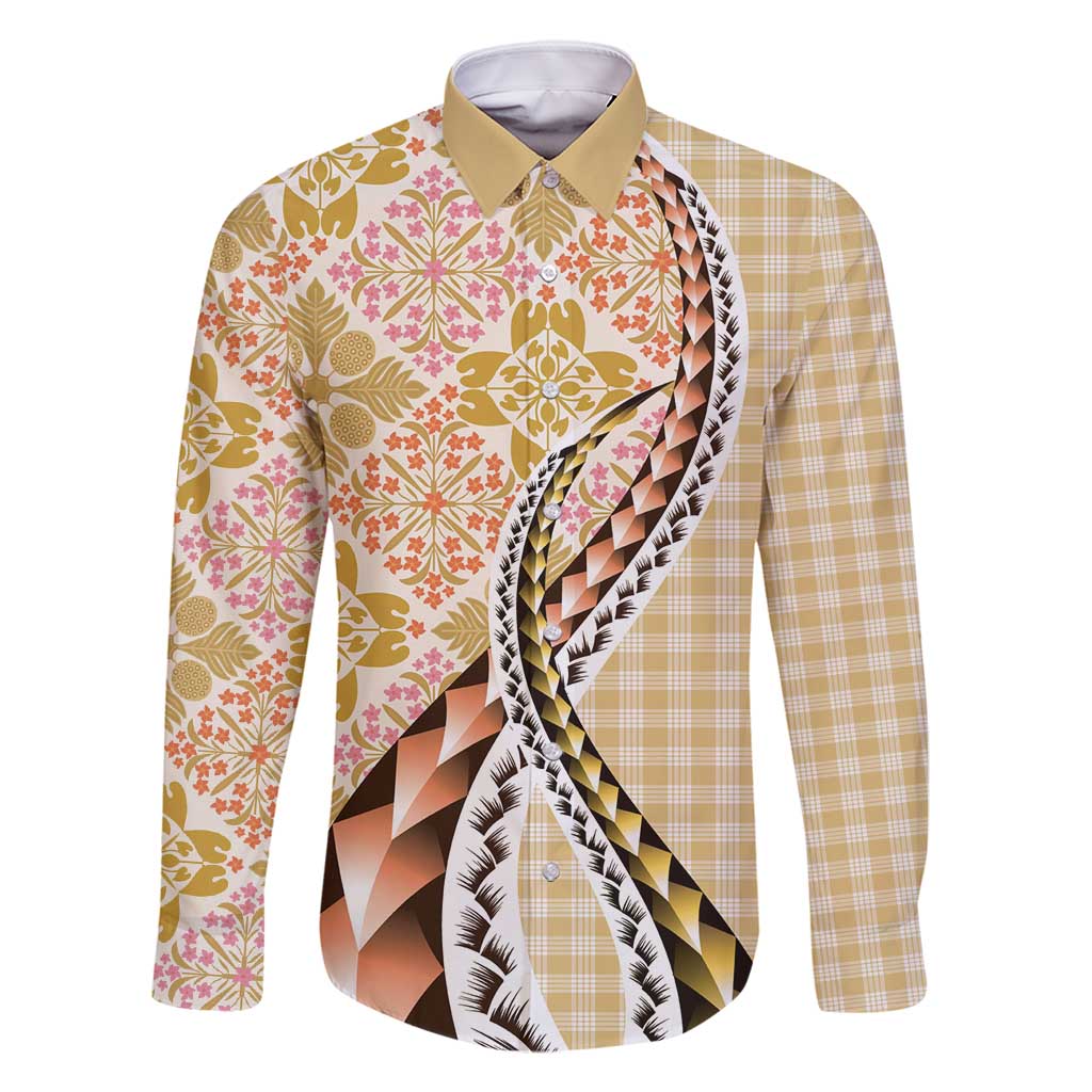 Aloha Vintage Palaka Floral Hawaiian Quilt Family Matching Long Sleeve Bodycon Dress and Hawaiian Shirt Melemele Motif LT9 Dad's Shirt - Long Sleeve Yellow - Polynesian Pride
