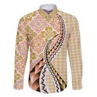 Aloha Vintage Palaka Floral Hawaiian Quilt Family Matching Mermaid Dress and Hawaiian Shirt Melemele Motif LT9 Dad's Shirt - Long Sleeve Yellow - Polynesian Pride