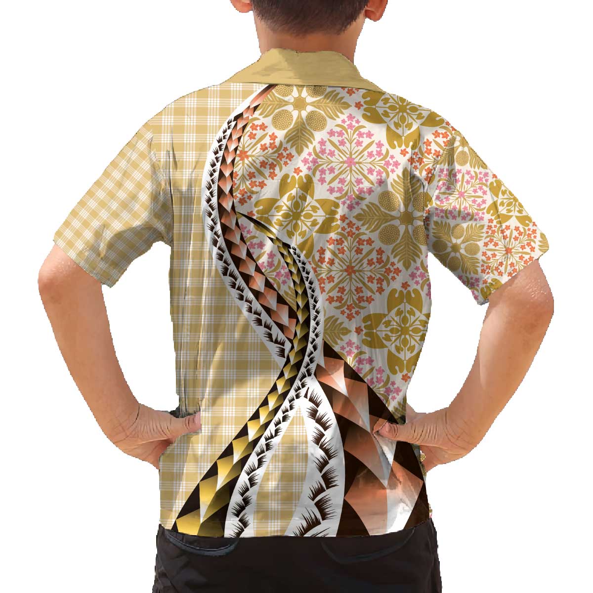 Aloha Vintage Palaka Floral Hawaiian Quilt Family Matching Off The Shoulder Long Sleeve Dress and Hawaiian Shirt Melemele Motif LT9 - Polynesian Pride