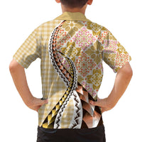 Aloha Vintage Palaka Floral Hawaiian Quilt Family Matching Off The Shoulder Long Sleeve Dress and Hawaiian Shirt Melemele Motif LT9 - Polynesian Pride
