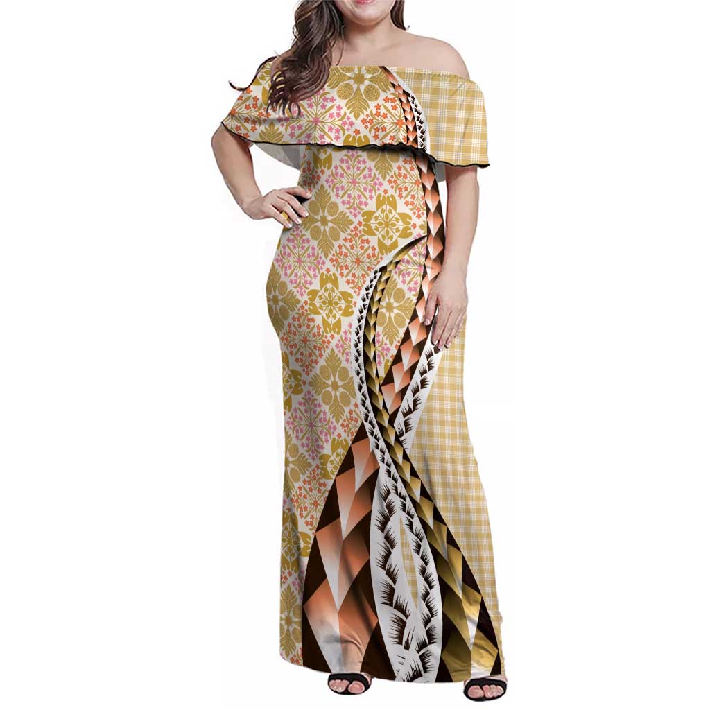 Aloha Vintage Palaka Floral Hawaiian Quilt Family Matching Off Shoulder Maxi Dress and Hawaiian Shirt Melemele Motif LT9 Mom's Dress Yellow - Polynesian Pride