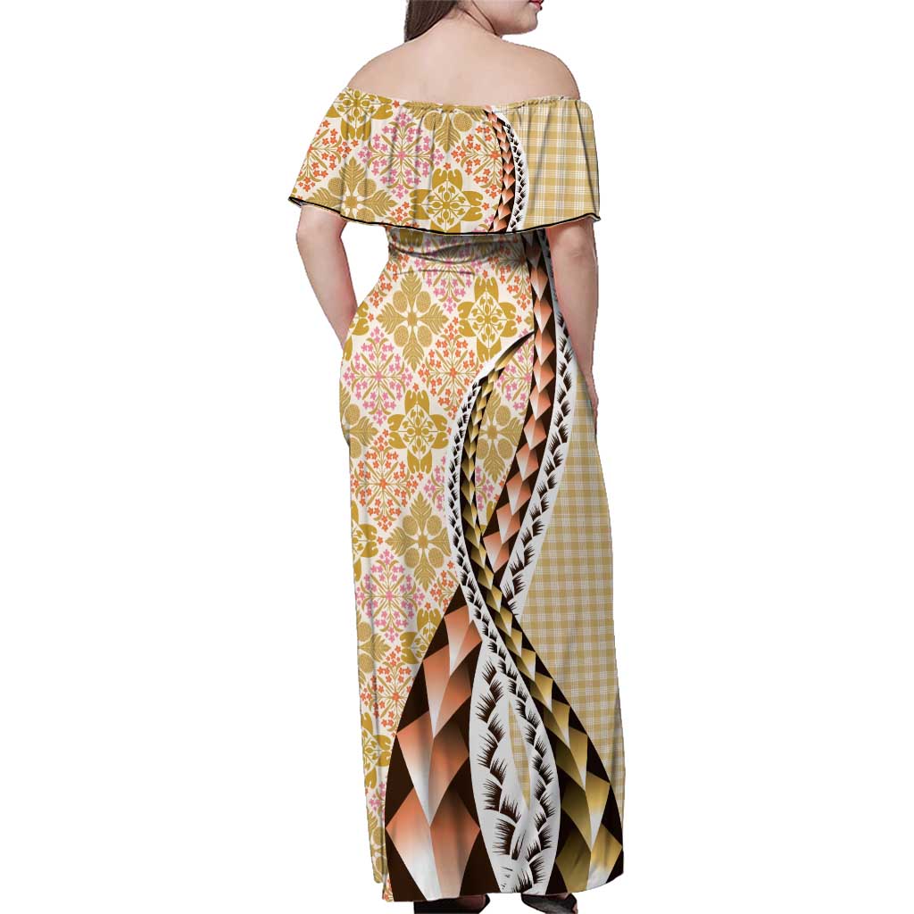 Aloha Vintage Palaka Floral Hawaiian Quilt Family Matching Off Shoulder Maxi Dress and Hawaiian Shirt Melemele Motif LT9 - Polynesian Pride
