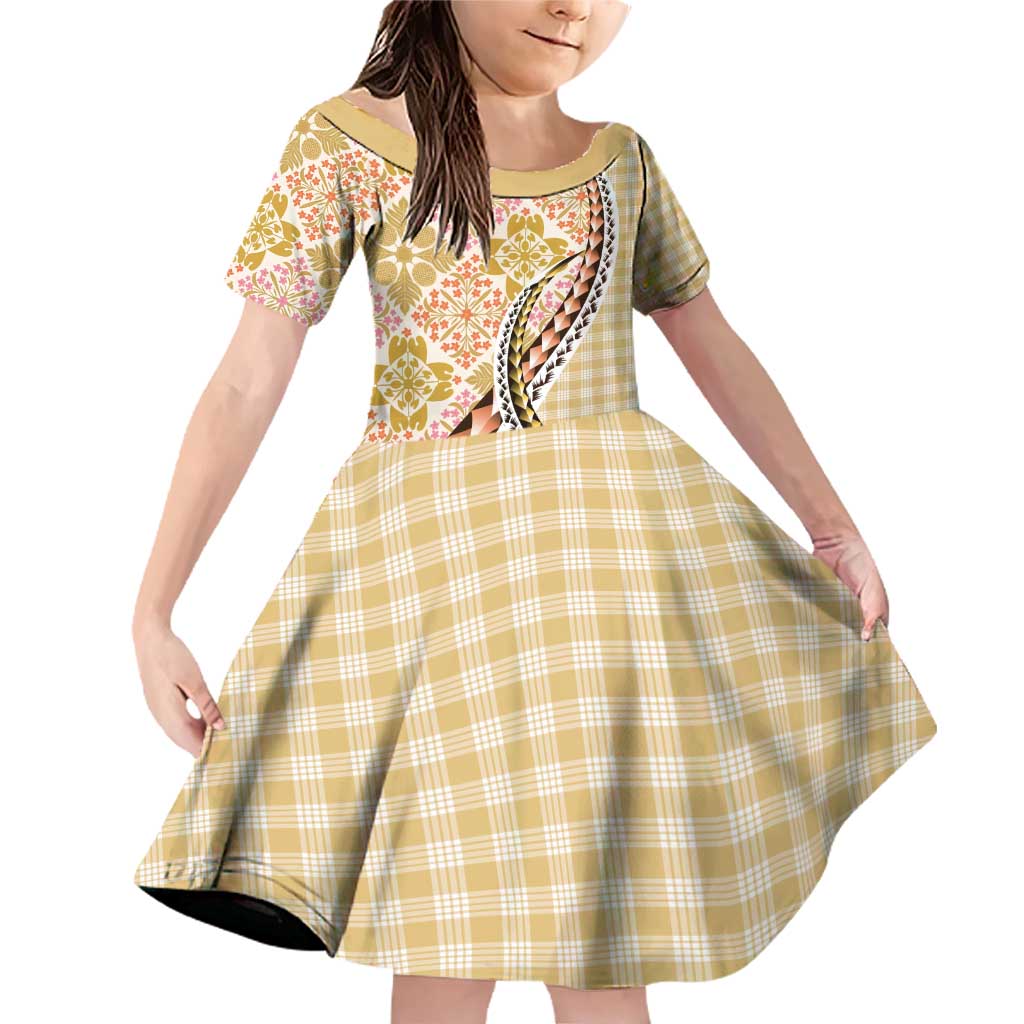 Aloha Vintage Palaka Floral Hawaiian Quilt Family Matching Off Shoulder Short Dress and Hawaiian Shirt Melemele Motif LT9 Daughter's Dress Yellow - Polynesian Pride