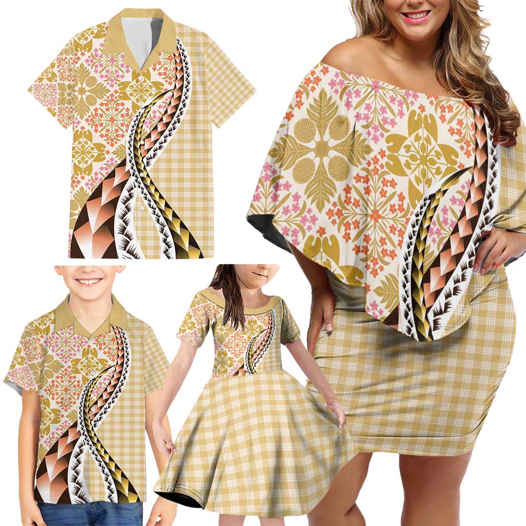 Aloha Vintage Palaka Floral Hawaiian Quilt Family Matching Off Shoulder Short Dress and Hawaiian Shirt Melemele Motif LT9 - Polynesian Pride