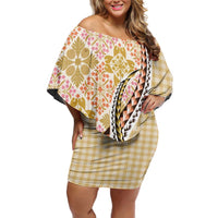 Aloha Vintage Palaka Floral Hawaiian Quilt Family Matching Off Shoulder Short Dress and Hawaiian Shirt Melemele Motif LT9 Mom's Dress Yellow - Polynesian Pride