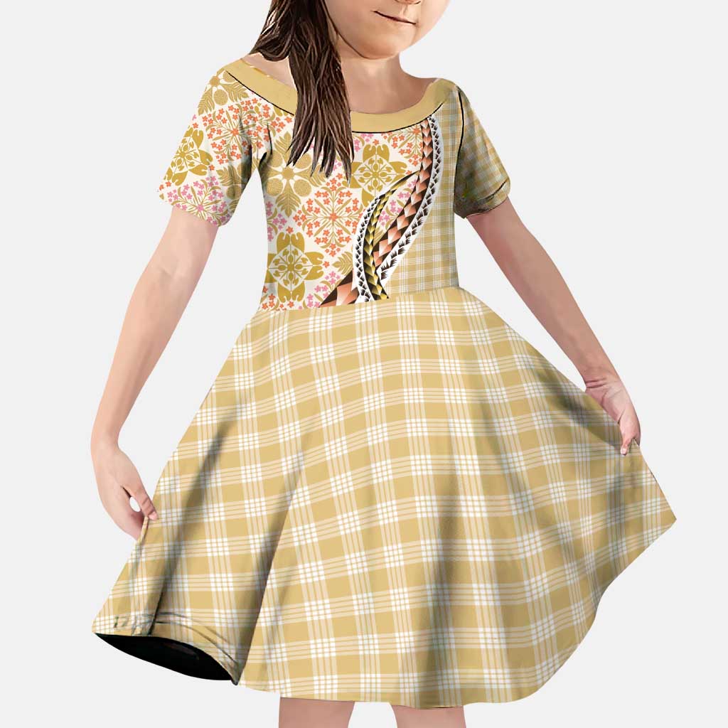 Aloha Vintage Palaka Floral Hawaiian Quilt Family Matching Puletasi and Hawaiian Shirt Melemele Motif LT9 Daughter's Dress Yellow - Polynesian Pride