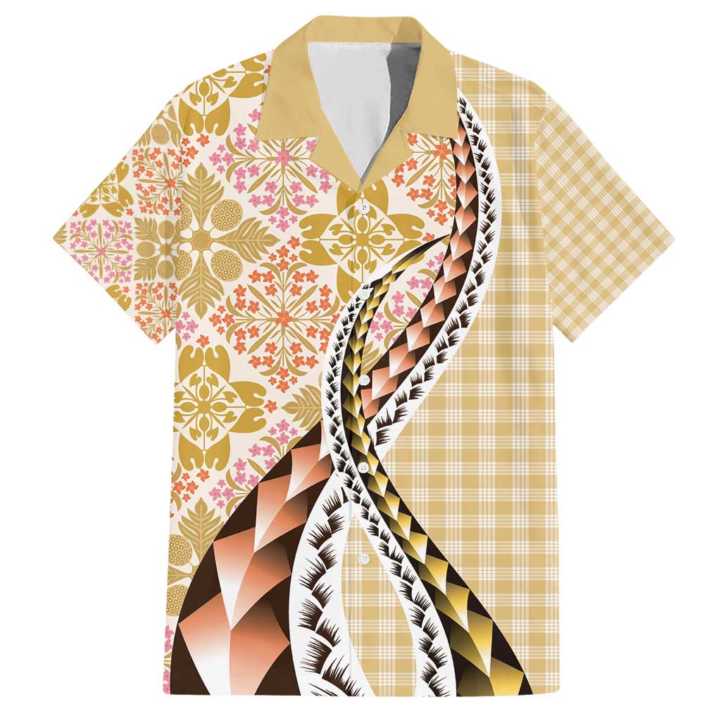 Aloha Vintage Palaka Floral Hawaiian Quilt Family Matching Short Sleeve Bodycon Dress and Hawaiian Shirt Melemele Motif LT9 Dad's Shirt - Short Sleeve Yellow - Polynesian Pride
