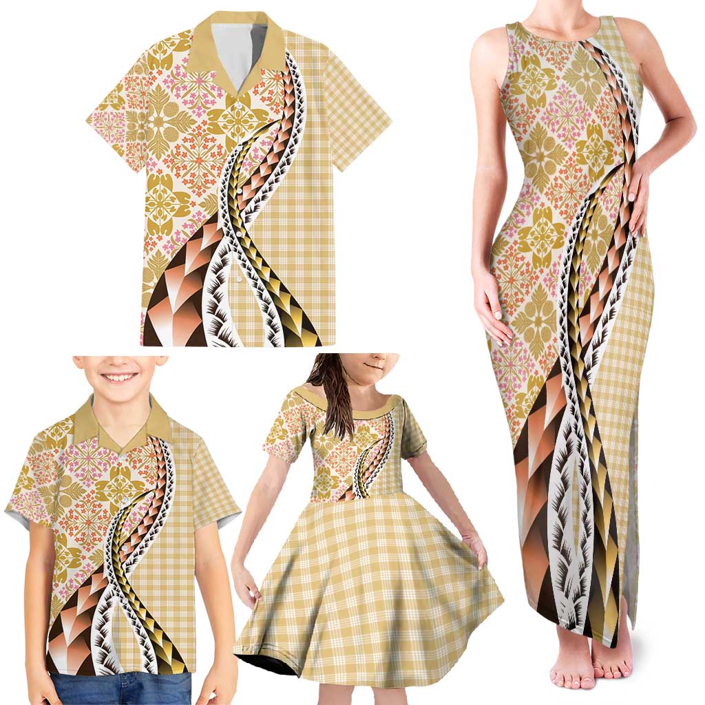 Aloha Vintage Palaka Floral Hawaiian Quilt Family Matching Tank Maxi Dress and Hawaiian Shirt Melemele Motif LT9 - Polynesian Pride