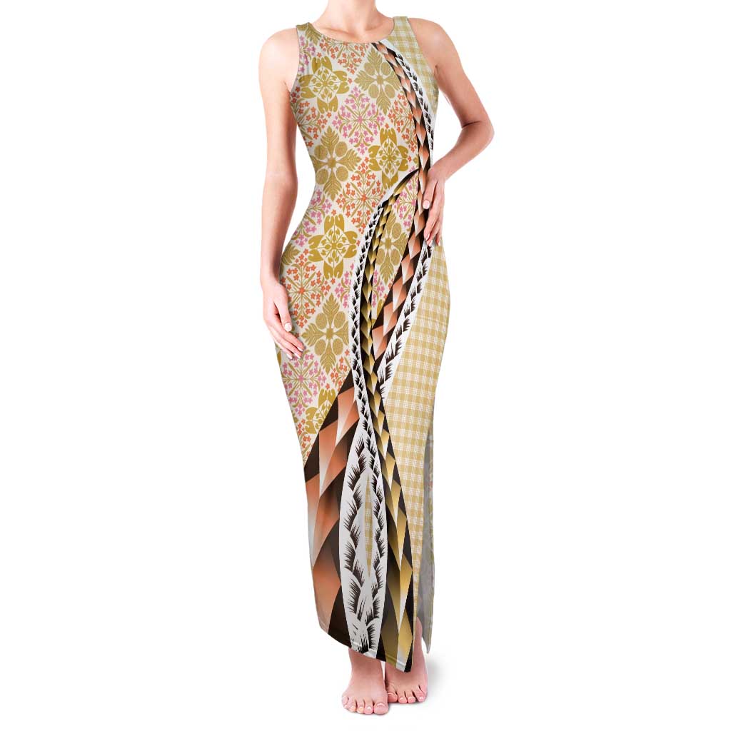 Aloha Vintage Palaka Floral Hawaiian Quilt Family Matching Tank Maxi Dress and Hawaiian Shirt Melemele Motif LT9 Mom's Dress Yellow - Polynesian Pride