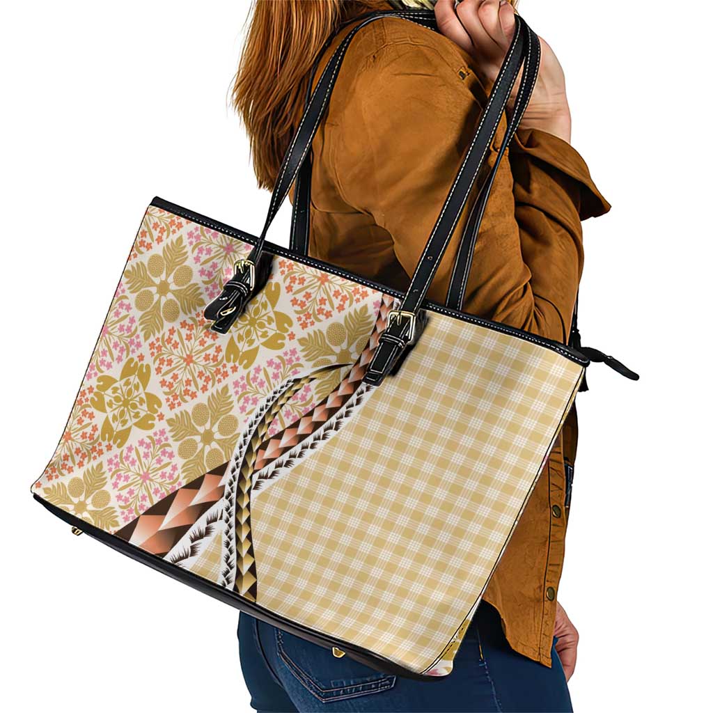 Aloha Vintage Palaka Floral Hawaiian Quilt Leather Tote Bag Melemele Motif - Polynesian Pride