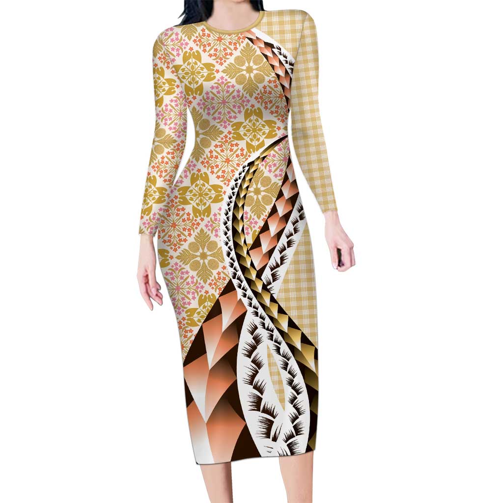 Aloha Vintage Palaka Floral Hawaiian Quilt Long Sleeve Bodycon Dress Melemele Motif LT9 Long Dress Yellow - Polynesian Pride