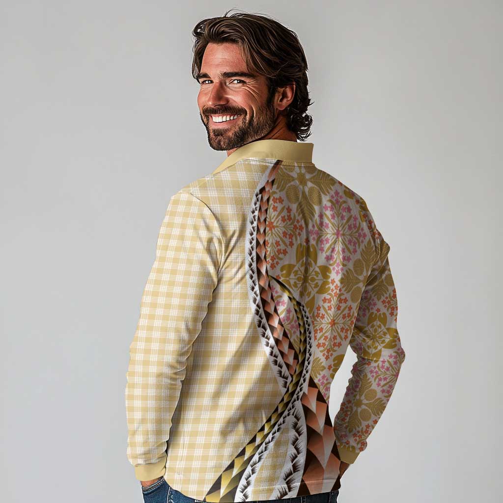 Aloha Vintage Palaka Floral Hawaiian Quilt Long Sleeve Polo Shirt Melemele Motif - Polynesian Pride