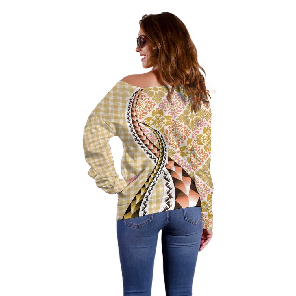 Aloha Vintage Palaka Floral Hawaiian Quilt Off Shoulder Sweater Melemele Motif - Polynesian Pride