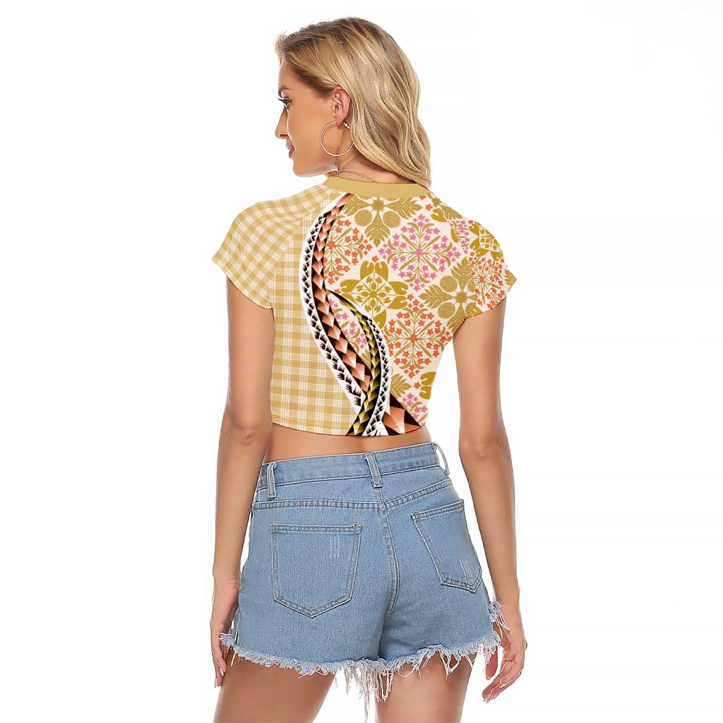Aloha Vintage Palaka Floral Hawaiian Quilt Raglan Cropped T Shirt Melemele Motif - Polynesian Pride