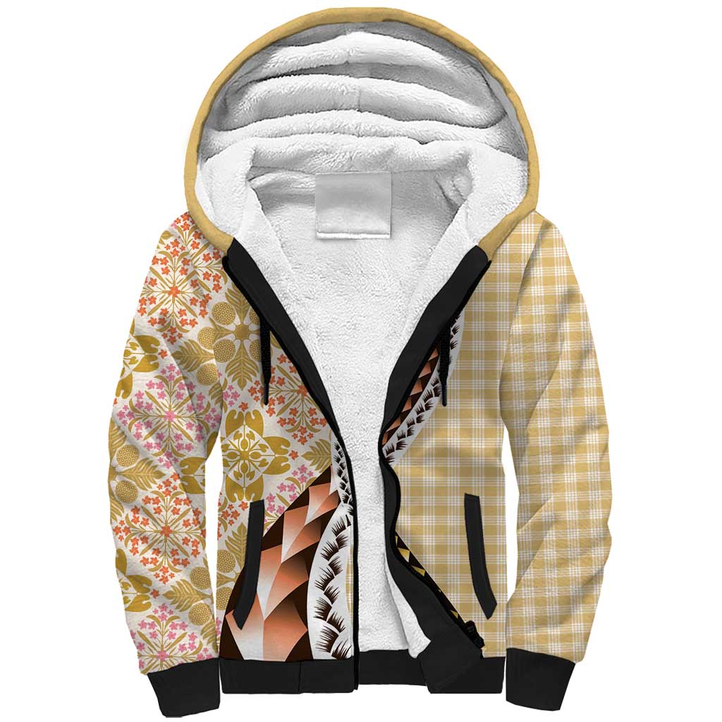 Aloha Vintage Palaka Floral Hawaiian Quilt Sherpa Hoodie Melemele Motif - Polynesian Pride