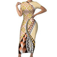 Aloha Vintage Palaka Floral Hawaiian Quilt Short Sleeve Bodycon Dress Melemele Motif LT9 Long Dress Yellow - Polynesian Pride