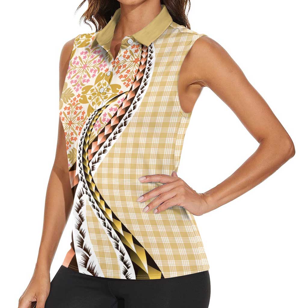 Aloha Vintage Palaka Floral Hawaiian Quilt Women Sleeveless Polo Shirt Melemele Motif LT9 - Polynesian Pride