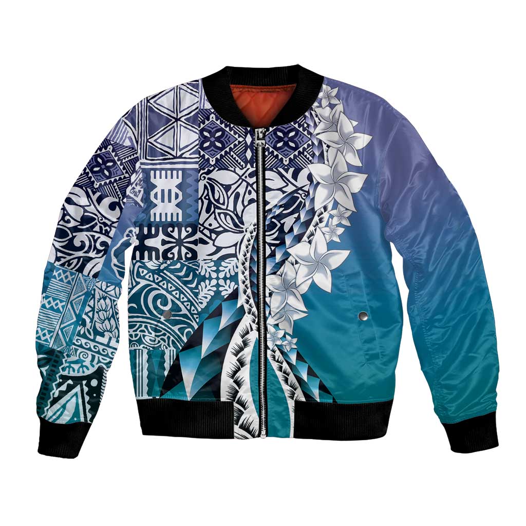Aloha Vintage Plumeria Hawaiian Tapa Pattern Bomber Jacket Blue Hawaiian Tapa Pattern LT9 Unisex Blue - Polynesian Pride