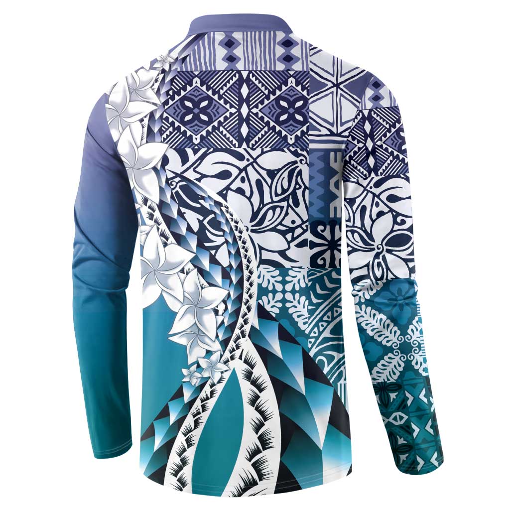 Aloha Vintage Plumeria Hawaiian Tapa Pattern Button Sweatshirt Blue Hawaiian Tapa Pattern - Polynesian Pride