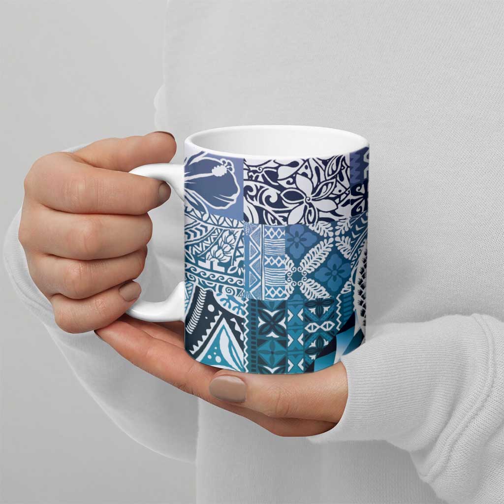 Aloha Vintage Plumeria Hawaiian Tapa Pattern Ceramic Mug Blue Hawaiian Tapa Pattern - Polynesian Pride