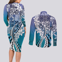 Aloha Vintage Plumeria Hawaiian Tapa Pattern Couples Matching Long Sleeve Bodycon Dress and Long Sleeve Button Shirt Blue Hawaiian Tapa Pattern - Polynesian Pride