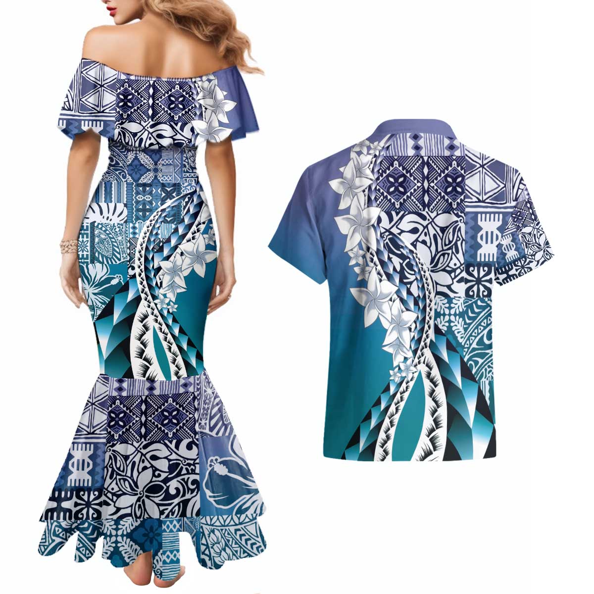 Aloha Vintage Plumeria Hawaiian Tapa Pattern Couples Matching Mermaid Dress and Hawaiian Shirt Blue Hawaiian Tapa Pattern - Polynesian Pride