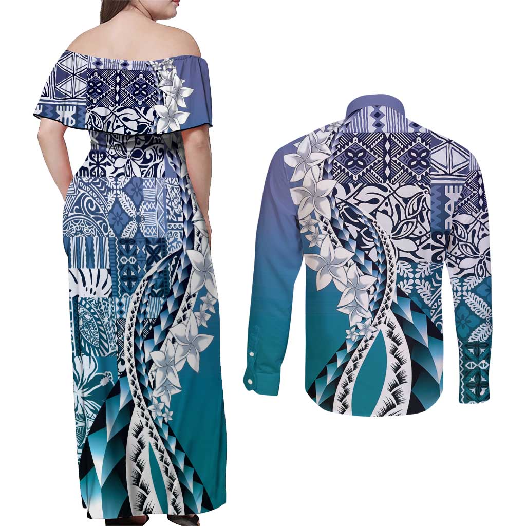 Aloha Vintage Plumeria Hawaiian Tapa Pattern Couples Matching Off Shoulder Maxi Dress and Long Sleeve Button Shirt Blue Hawaiian Tapa Pattern - Polynesian Pride
