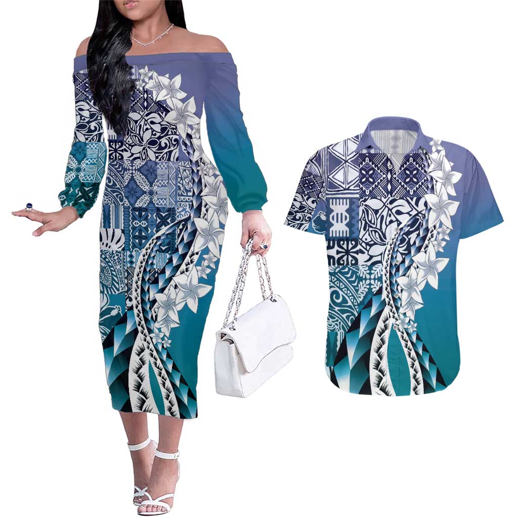 Aloha Vintage Plumeria Hawaiian Tapa Pattern Couples Matching Off The Shoulder Long Sleeve Dress and Hawaiian Shirt Blue Hawaiian Tapa Pattern - Polynesian Pride