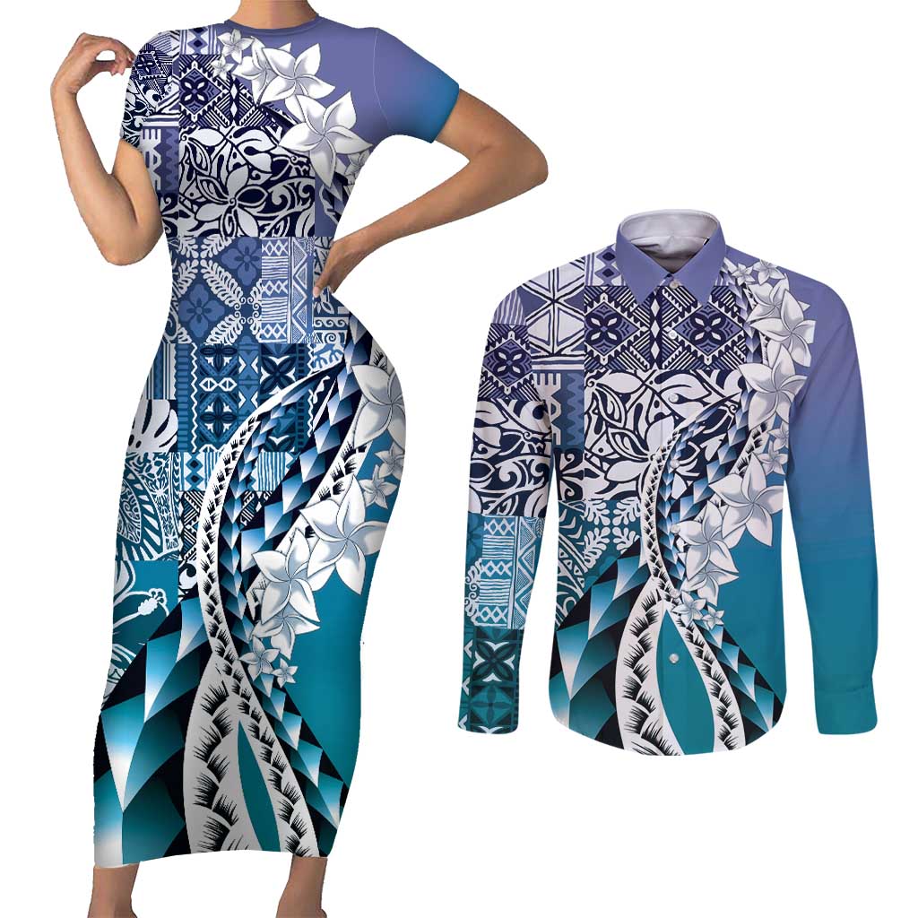Aloha Vintage Plumeria Hawaiian Tapa Pattern Couples Matching Short Sleeve Bodycon Dress and Long Sleeve Button Shirt Blue Hawaiian Tapa Pattern - Polynesian Pride