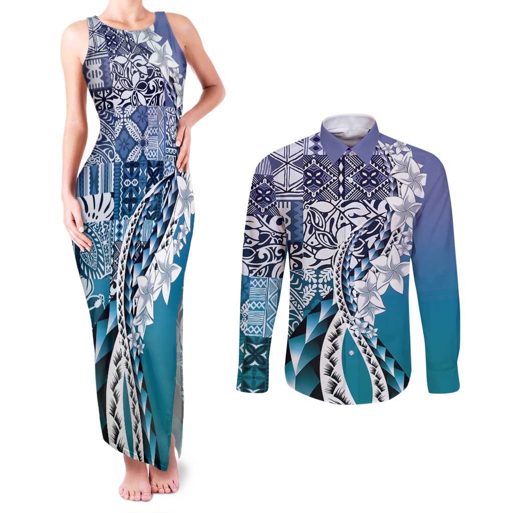 Aloha Vintage Plumeria Hawaiian Tapa Pattern Couples Matching Tank Maxi Dress and Long Sleeve Button Shirt Blue Hawaiian Tapa Pattern - Polynesian Pride