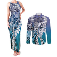 Aloha Vintage Plumeria Hawaiian Tapa Pattern Couples Matching Tank Maxi Dress and Long Sleeve Button Shirt Blue Hawaiian Tapa Pattern - Polynesian Pride