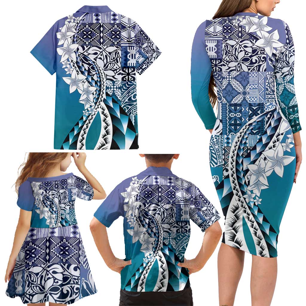 Aloha Vintage Plumeria Hawaiian Tapa Pattern Family Matching Long Sleeve Bodycon Dress and Hawaiian Shirt Blue Hawaiian Tapa Pattern LT9 - Polynesian Pride