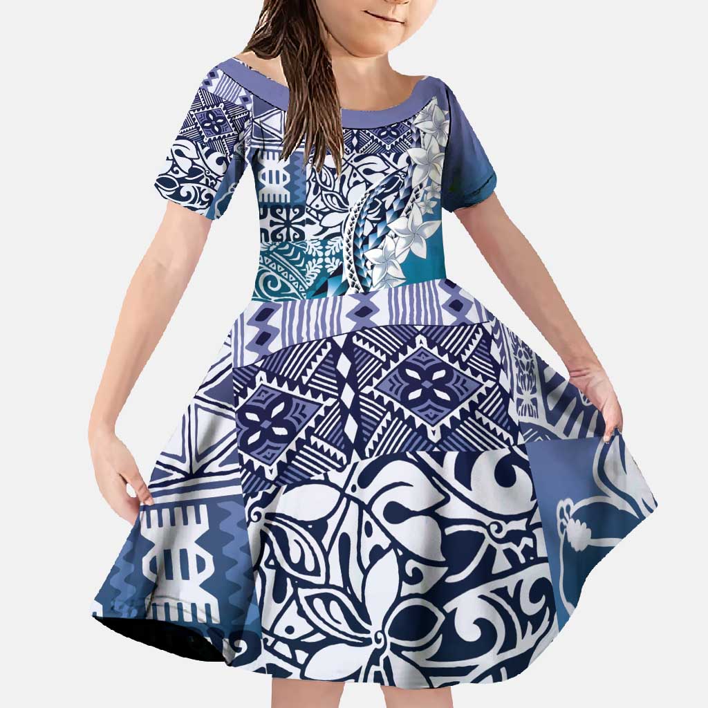 Aloha Vintage Plumeria Hawaiian Tapa Pattern Family Matching Mermaid Dress and Hawaiian Shirt Blue Hawaiian Tapa Pattern LT9 Daughter's Dress Blue - Polynesian Pride