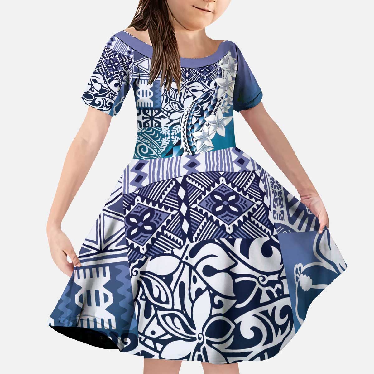 Aloha Vintage Plumeria Hawaiian Tapa Pattern Family Matching Off The Shoulder Long Sleeve Dress and Hawaiian Shirt Blue Hawaiian Tapa Pattern LT9 Daughter's Dress Blue - Polynesian Pride
