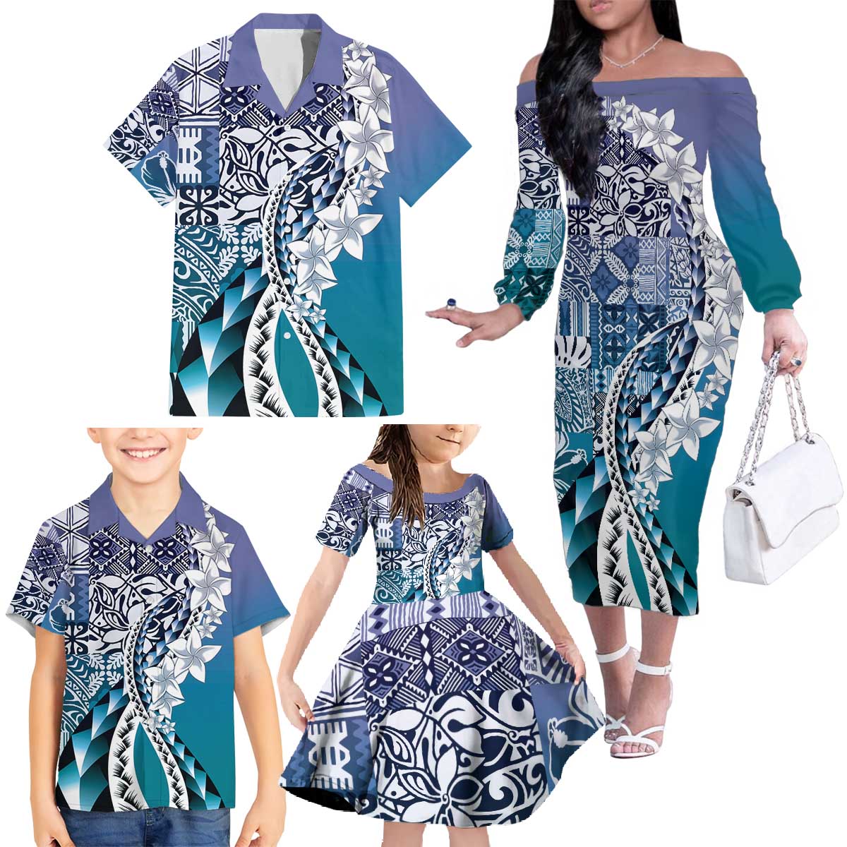 Aloha Vintage Plumeria Hawaiian Tapa Pattern Family Matching Off The Shoulder Long Sleeve Dress and Hawaiian Shirt Blue Hawaiian Tapa Pattern LT9 - Polynesian Pride