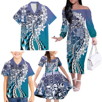Aloha Vintage Plumeria Hawaiian Tapa Pattern Family Matching Off The Shoulder Long Sleeve Dress and Hawaiian Shirt Blue Hawaiian Tapa Pattern LT9 - Polynesian Pride