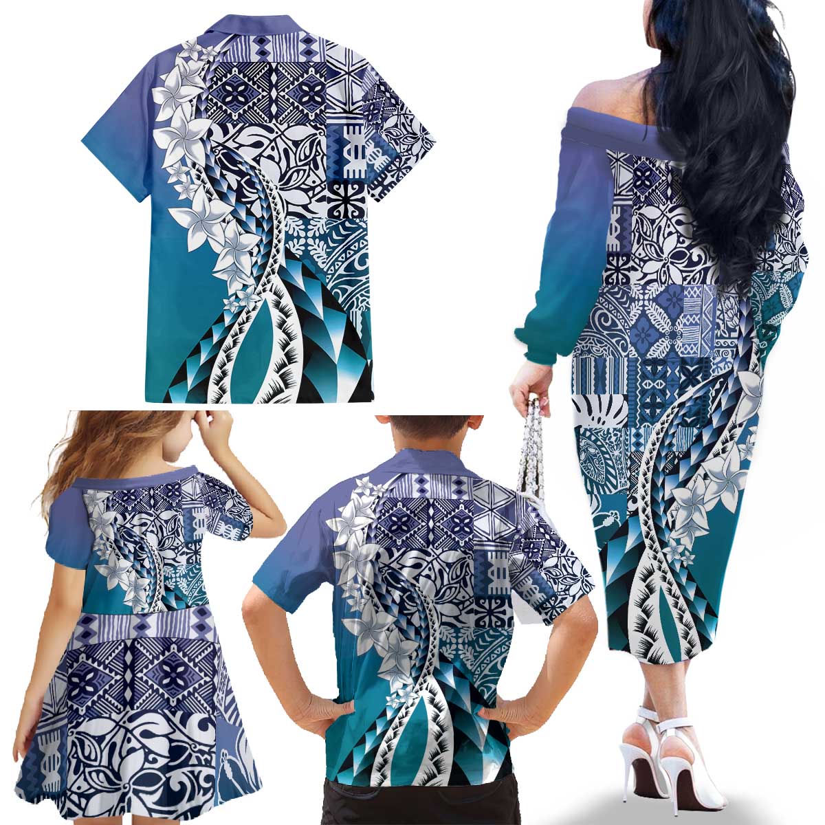 Aloha Vintage Plumeria Hawaiian Tapa Pattern Family Matching Off The Shoulder Long Sleeve Dress and Hawaiian Shirt Blue Hawaiian Tapa Pattern LT9 - Polynesian Pride