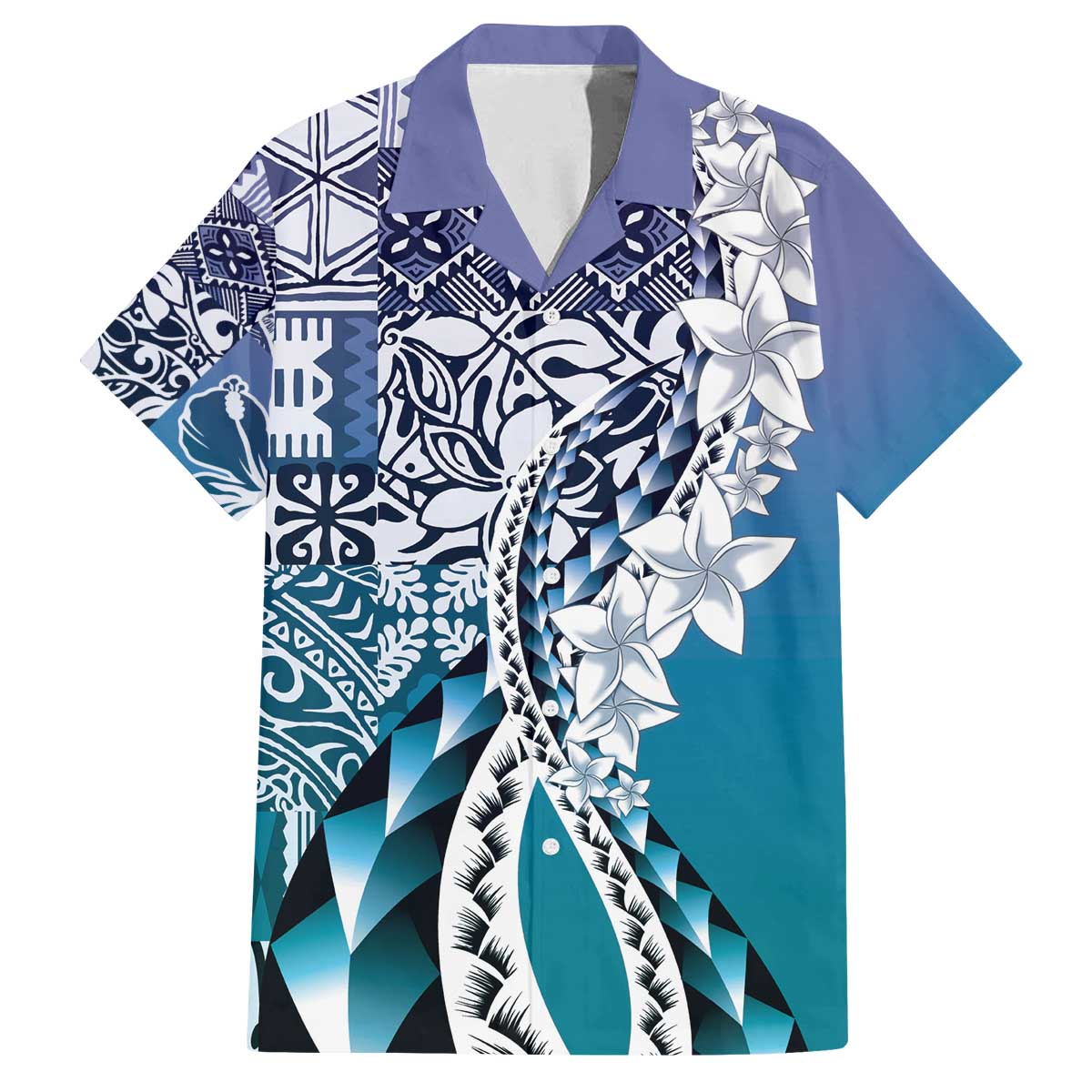 Aloha Vintage Plumeria Hawaiian Tapa Pattern Family Matching Off The Shoulder Long Sleeve Dress and Hawaiian Shirt Blue Hawaiian Tapa Pattern LT9 Dad's Shirt - Short Sleeve Blue - Polynesian Pride